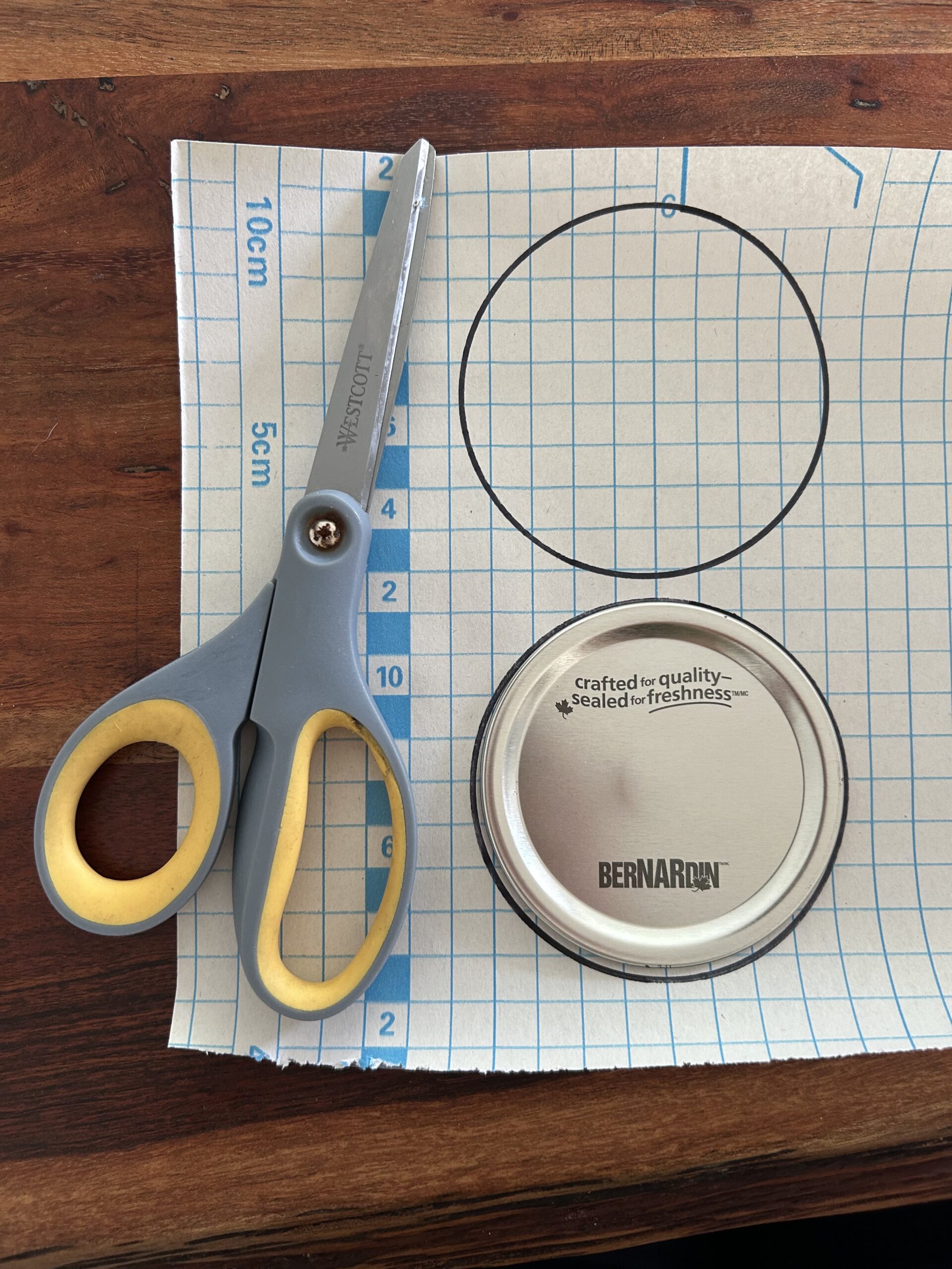 Scissors, a jar lid, and a piece of graph paper / contact paper.