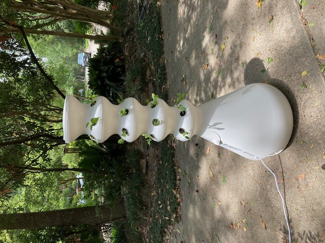 A white tower with round edges and rows of holes. The holes have small sprouts growing out of them. It has a white cord coming out of the botton.