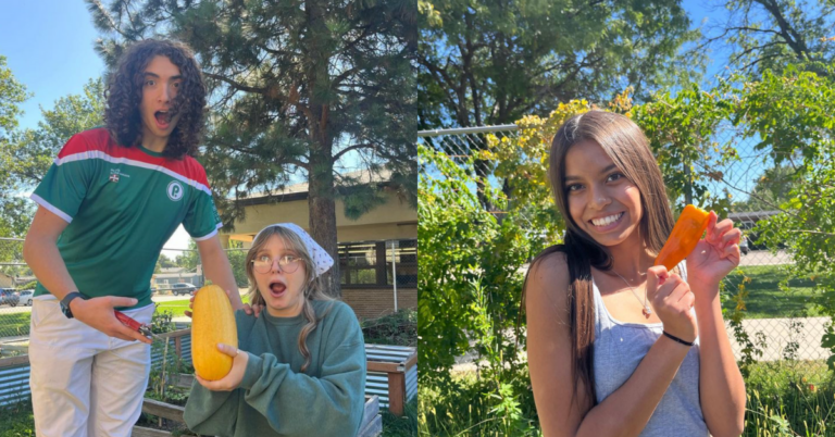 A collage of two photos showing high school students in the garden