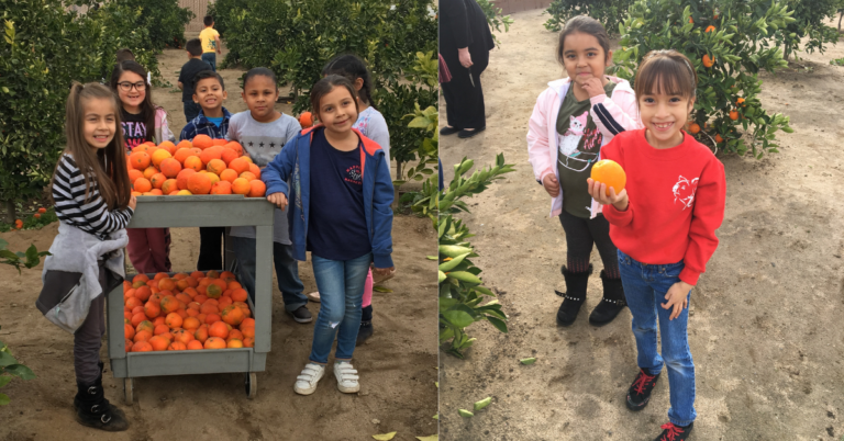 Kids outside, standing next to a double-decker cart full of oranges.