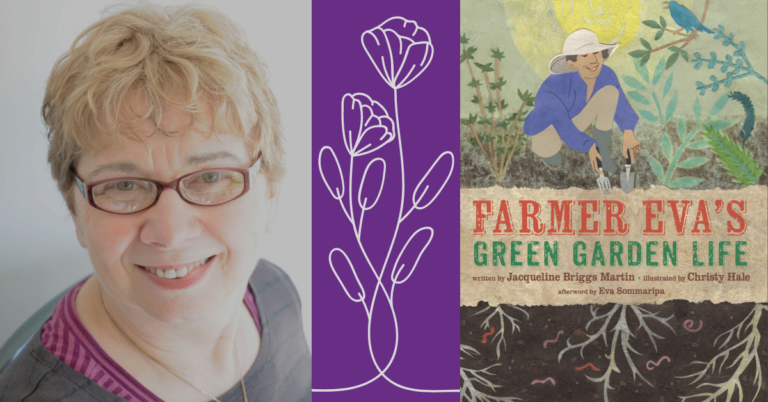 A photograph of a White woman with short blond hair and glasses, a flower on a purple background, and the cover of a book that reads Farmer Eva's Green Garden Life