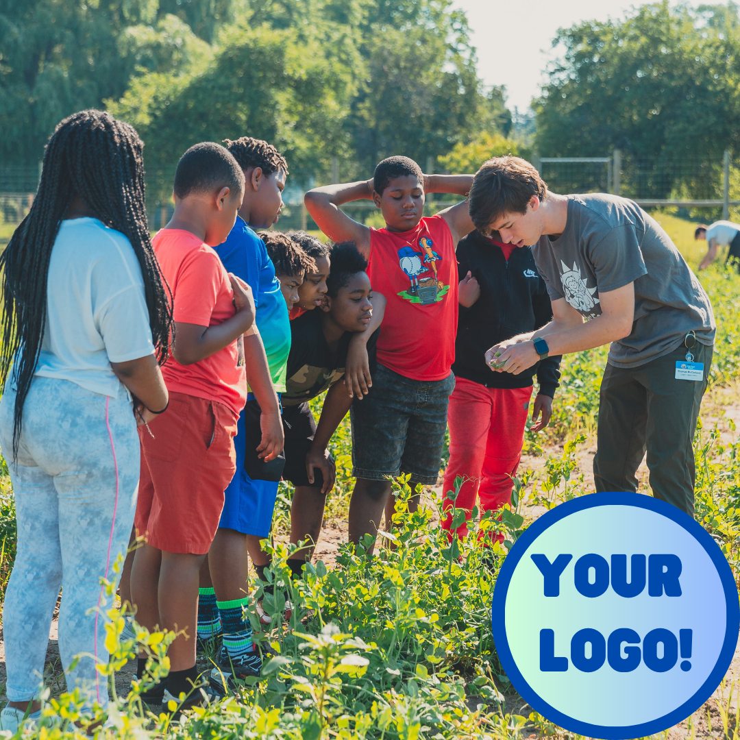 Kids looking toward a young adult in the garden, with the words Your Logo! in the bottom right corner