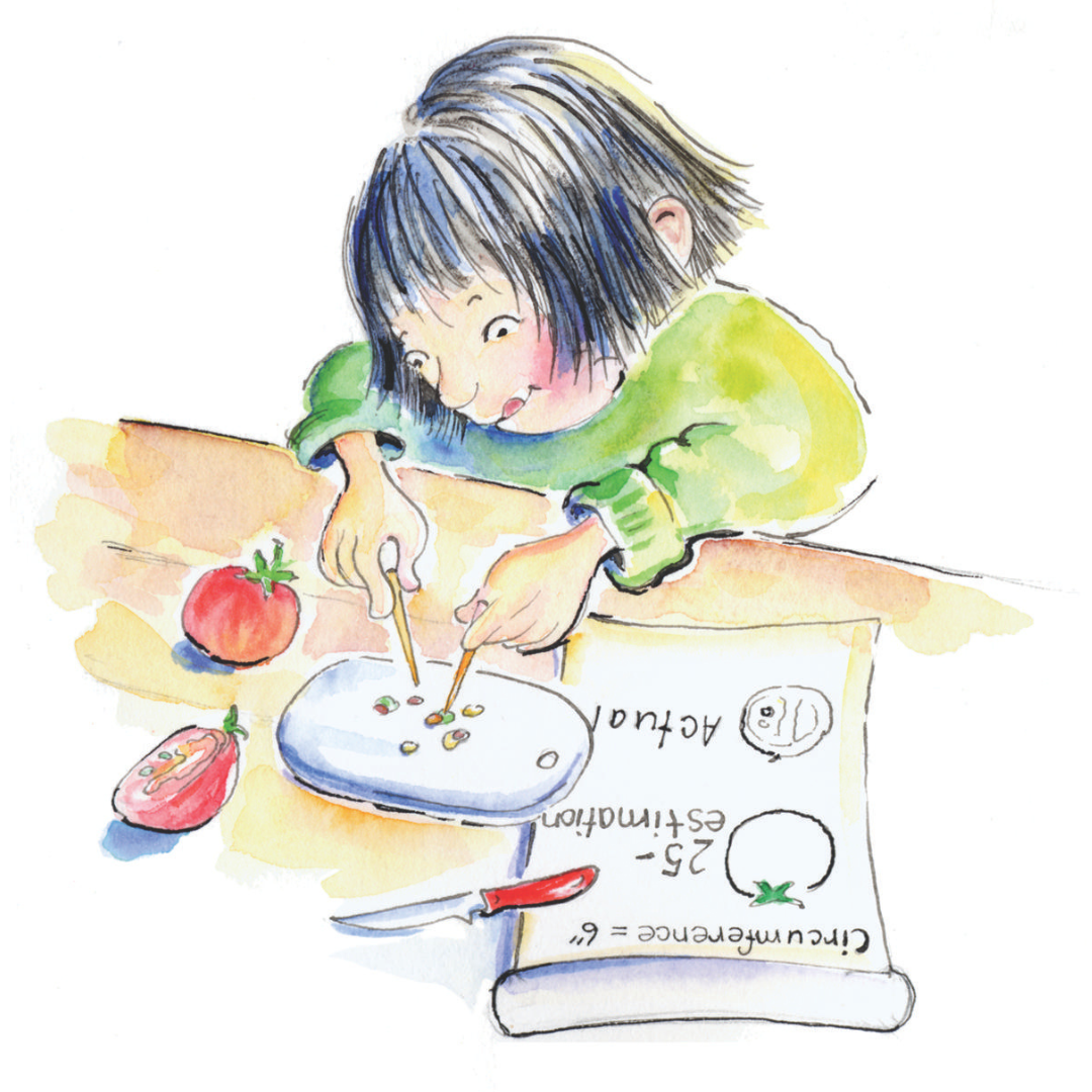 A watercolor drawing of a child examining tomato seeds, with a paper and pen nearby with observations noted.