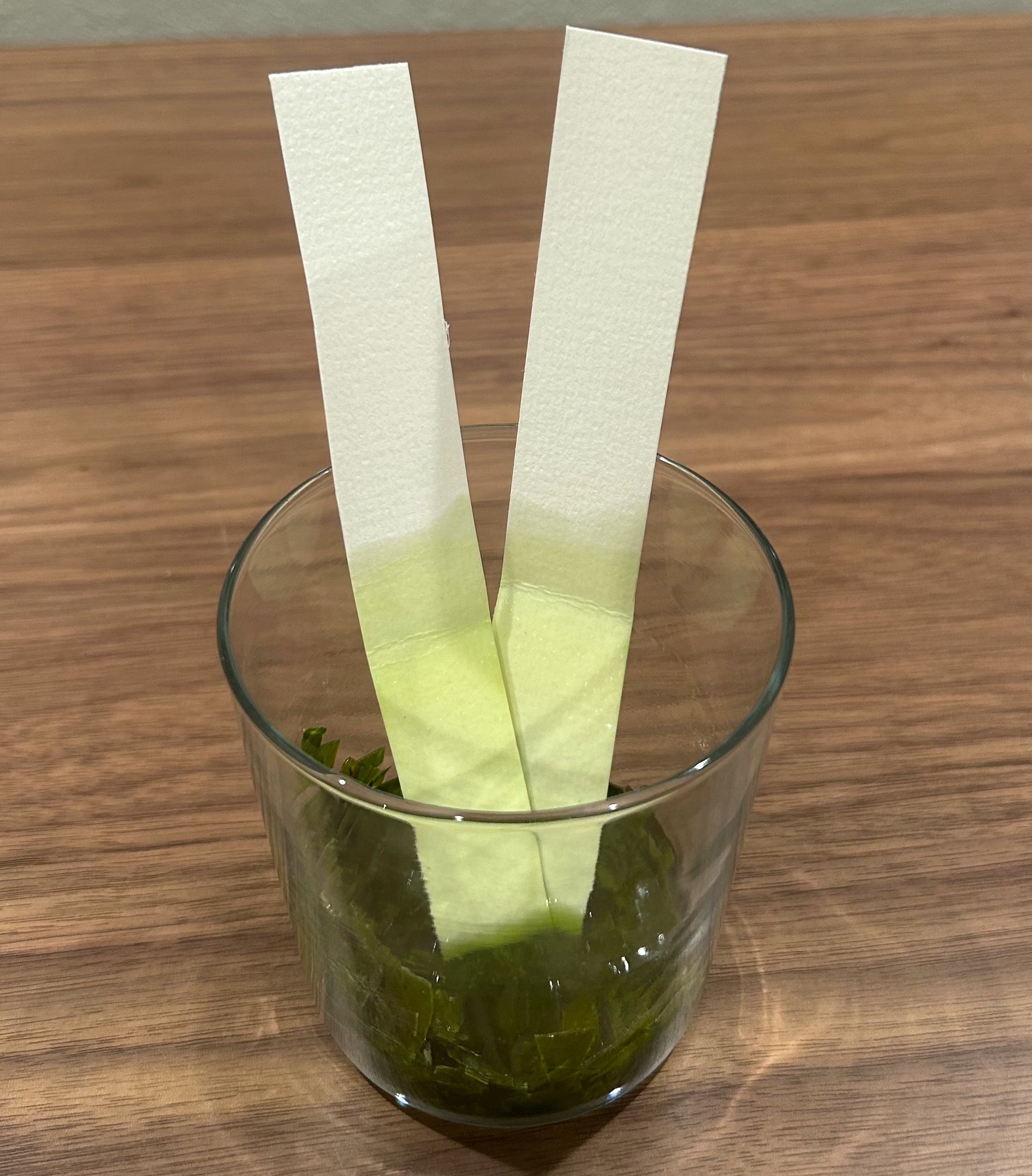 Strips of paper in a glass of water.