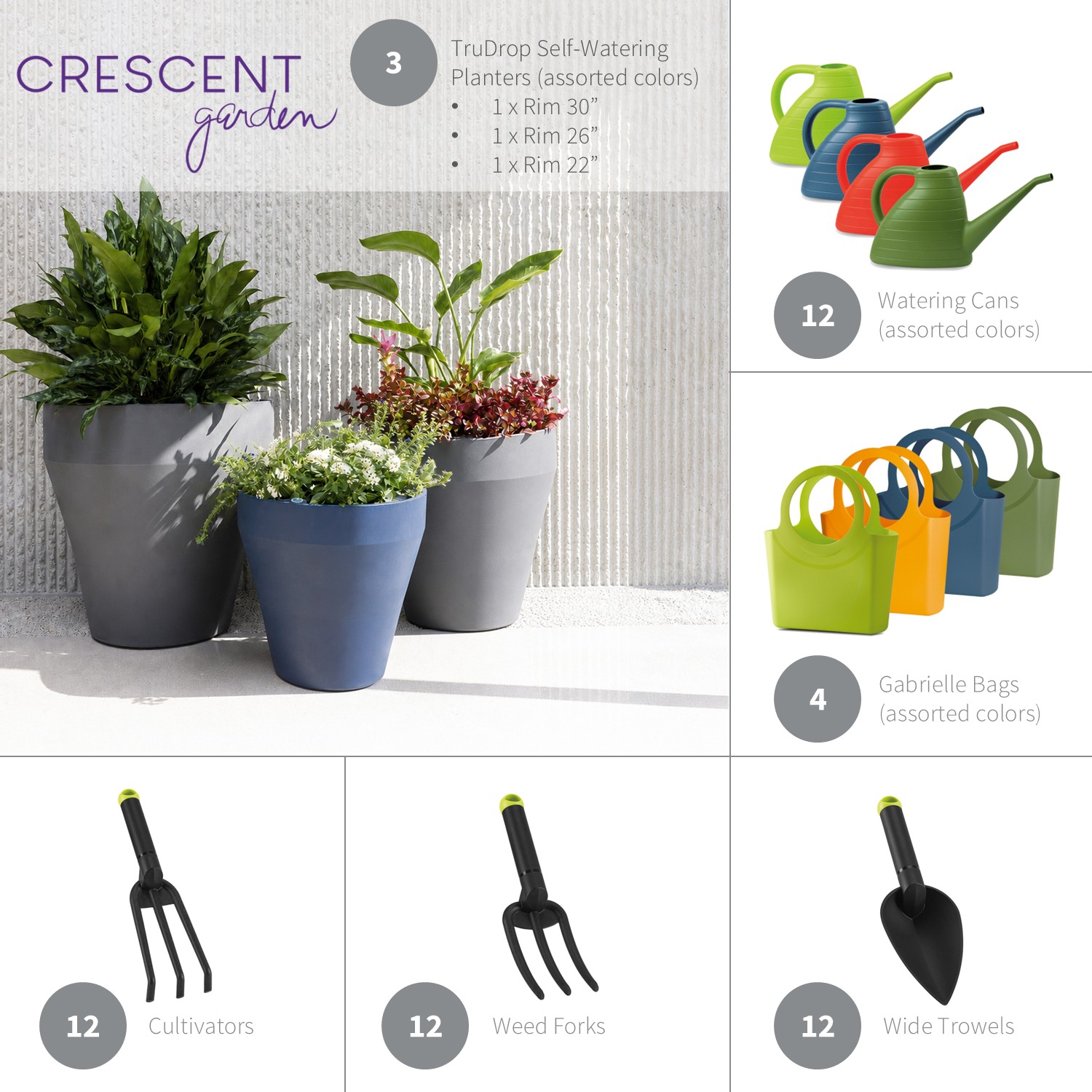Crescent Garden package, showing planters, watering cans, bags, trowels, and cultivators.
