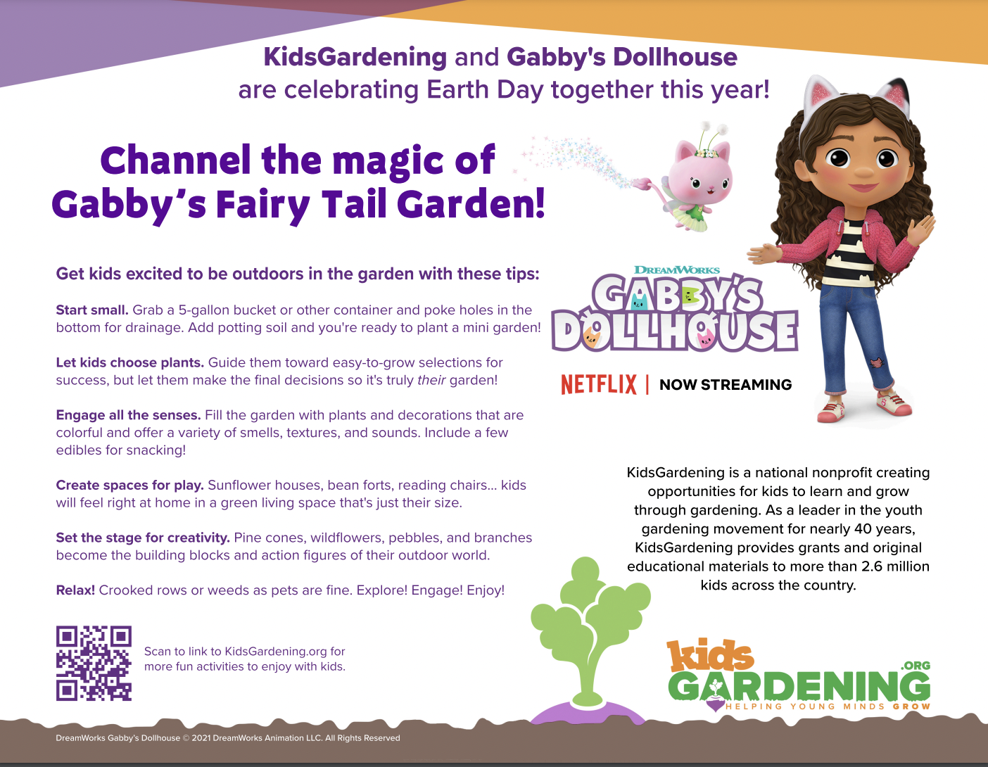 A small image of the cover of co-branded Gabby's Dollhouse and KidsGardening gardening tip sheet.