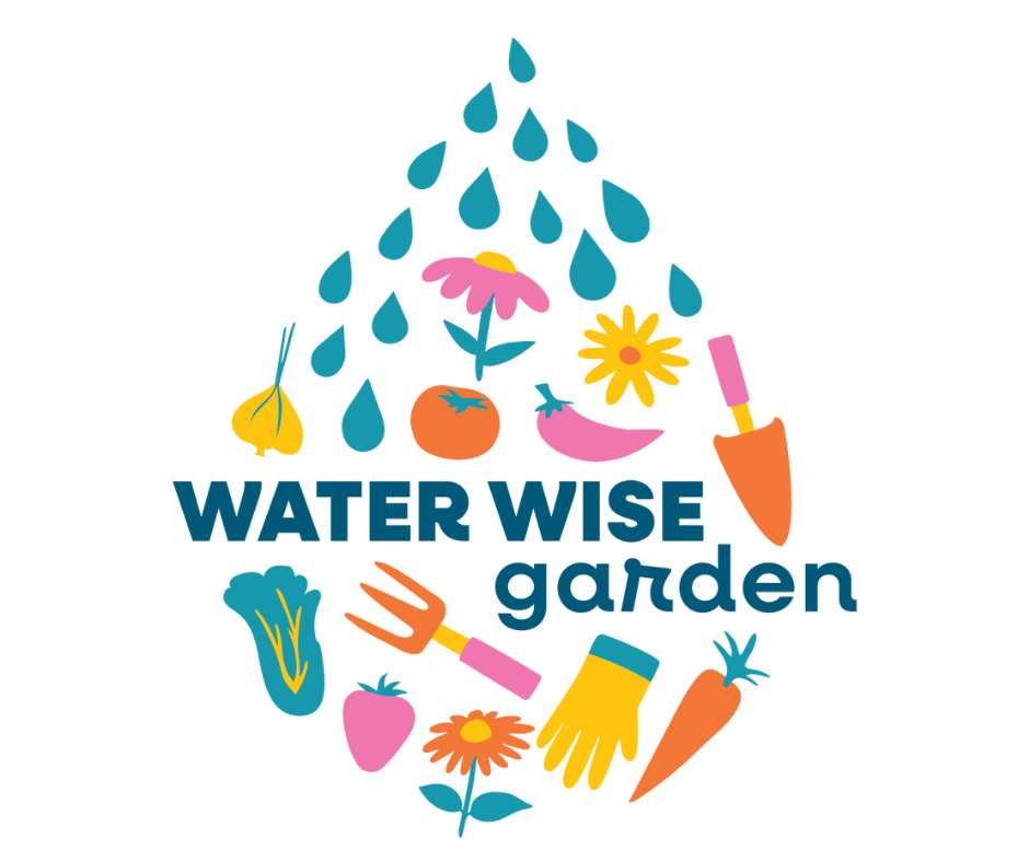 Waterwise garden, with lots of water droplets and colorful garden images.