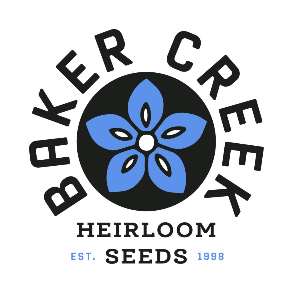 Baker Creek Heirloom Seeds, with a blue and black flower design in the center.