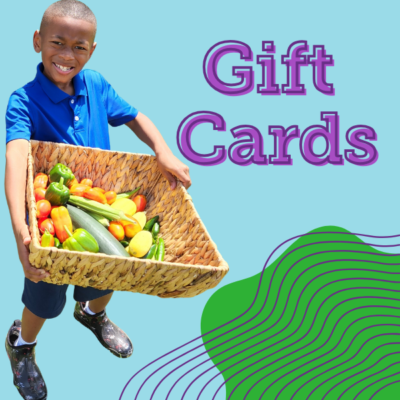 Gift Cards (1) Gift Cards with a photo of a boy holding a basket of fresh vegetables.