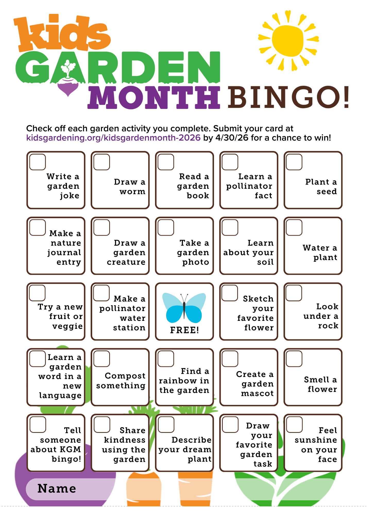 Kids Garden Month BINGO with 25 spaces for bingo.