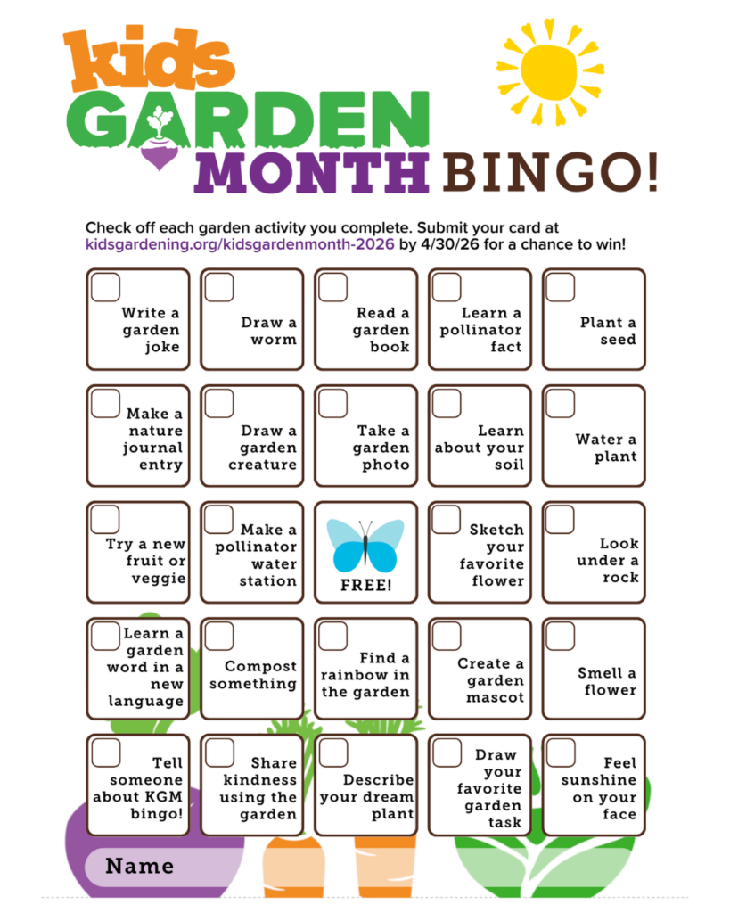Kids Garden Month bingo card
