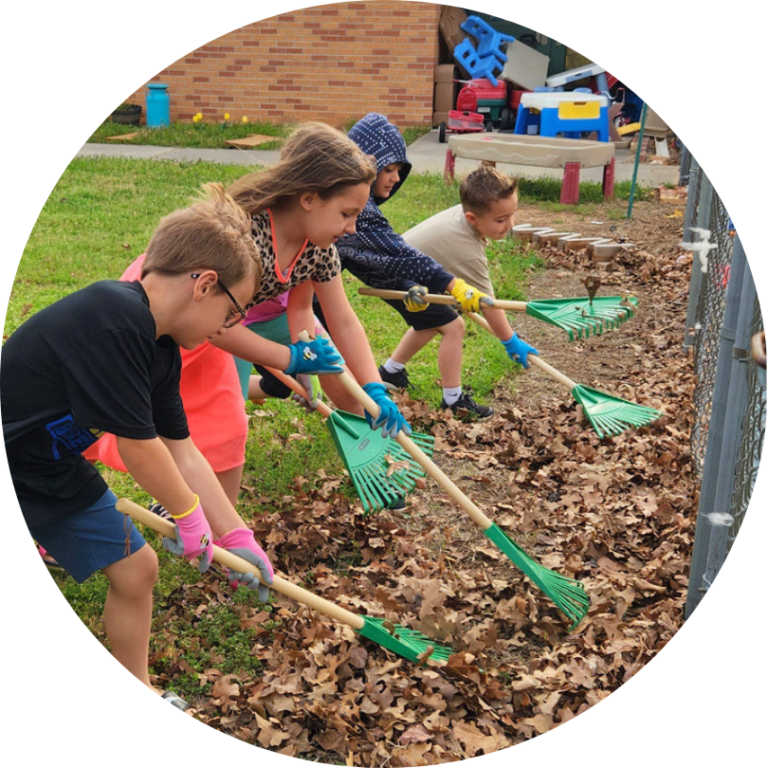 Kids in a row, raking leaves with different tools