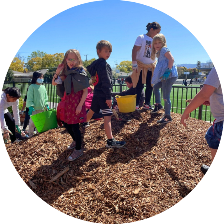 Kids standing on a big pile of mulch