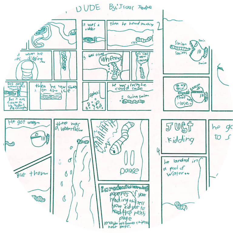A child-drawn garden comic about a superhero called Worm-Dude.