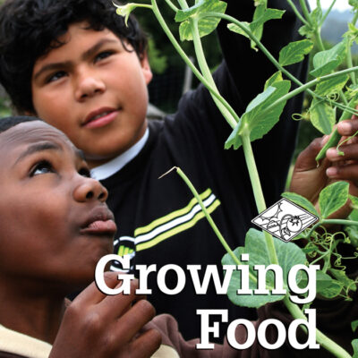 The cover of Growing Food, which shows two children looking at a growing plant