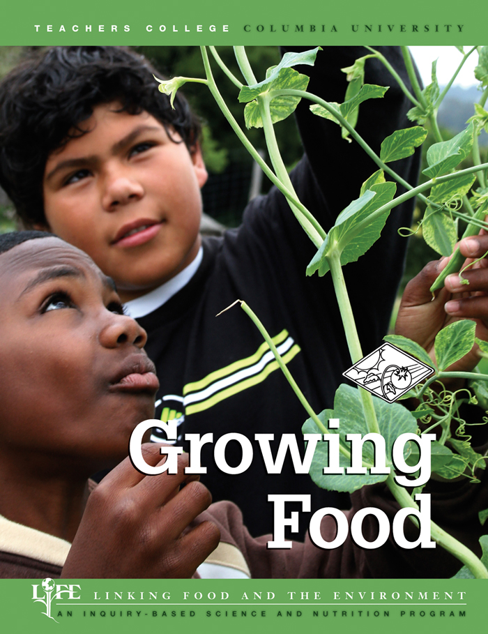 The cover of Growing Food, which shows two children looking at a growing plant