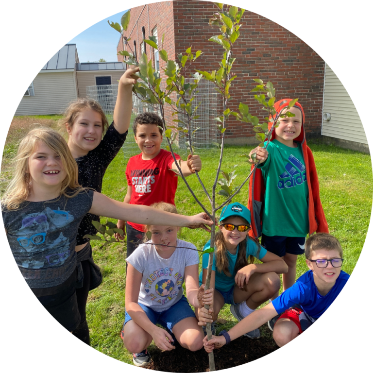 Children holding onto a recently planted tree.