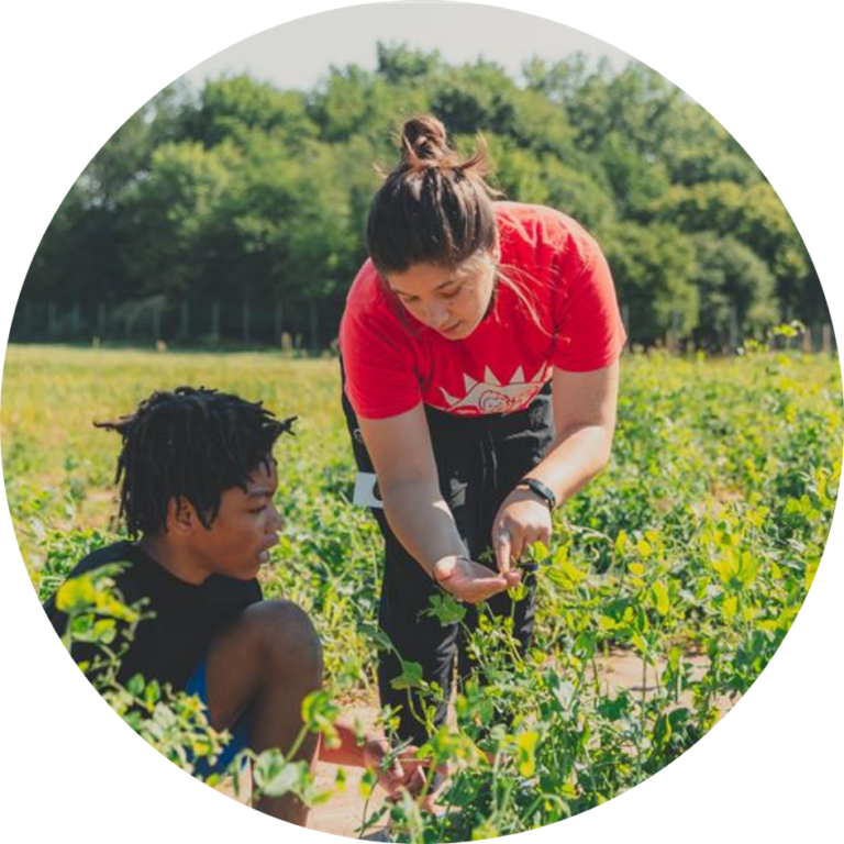 A teenager and a younger person together in a garden, out in a field.