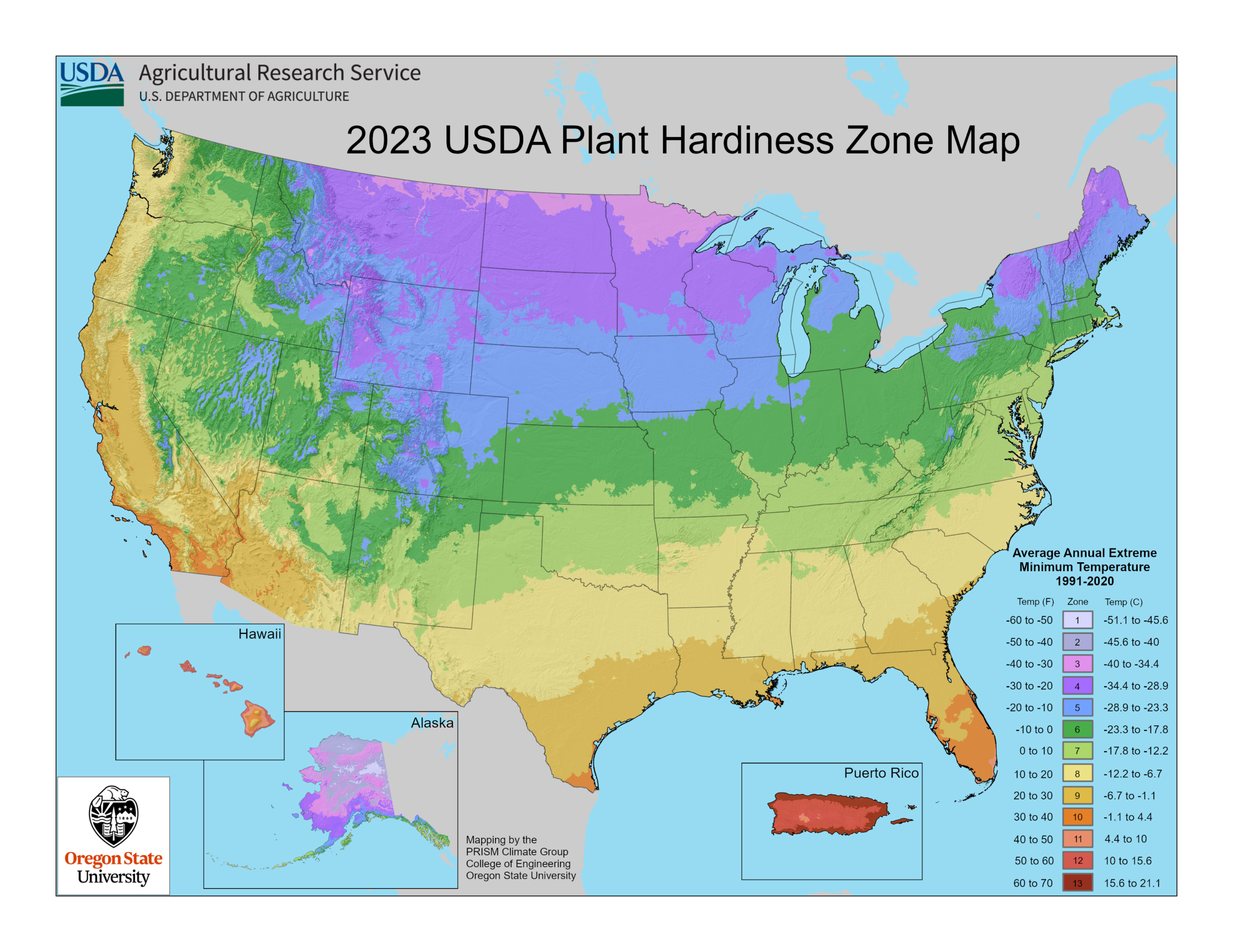 A map of the United States, showing the hardiness zones. The zones are a sweeping rainbow of color across the map.