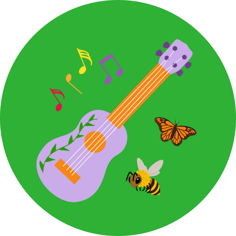 A green circle graphic with a cartoon guitar, music notes, butterfly, and bee.