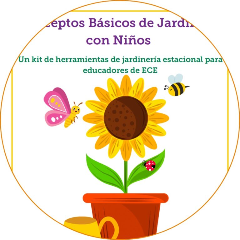 The cover of Conceptos Básicos de Jardinería con Niños, which has a sunflower, butterfly, and a bee.
