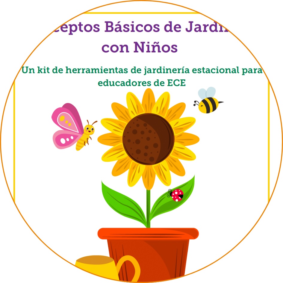 The cover of Conceptos Básicos de Jardinería con Niños, which has a sunflower, butterfly, and a bee.