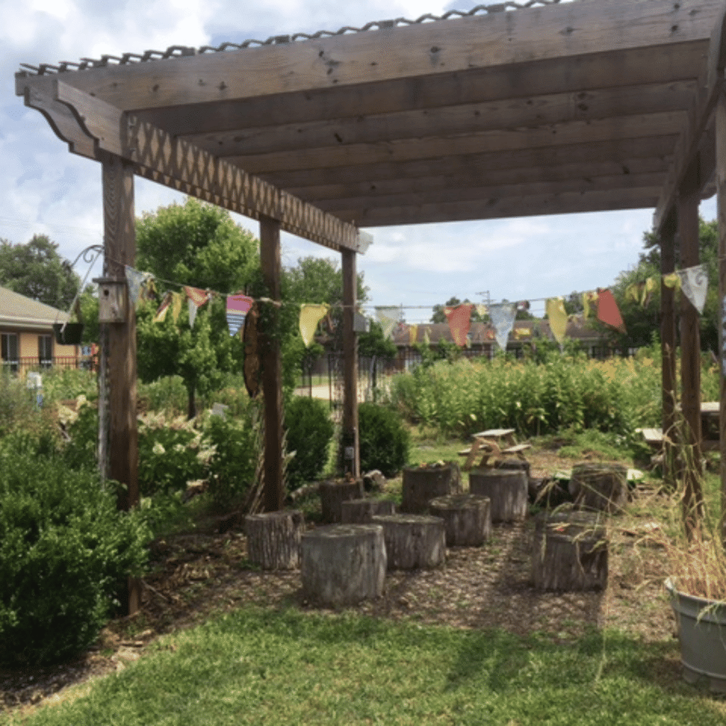 Stump seating under a pergola